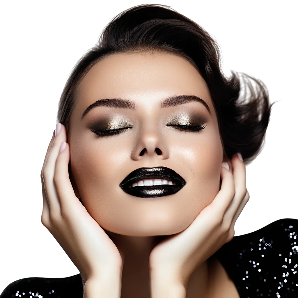 Glamorous Woman with Gold Eyeshadow and Black Lipstick Free PNG