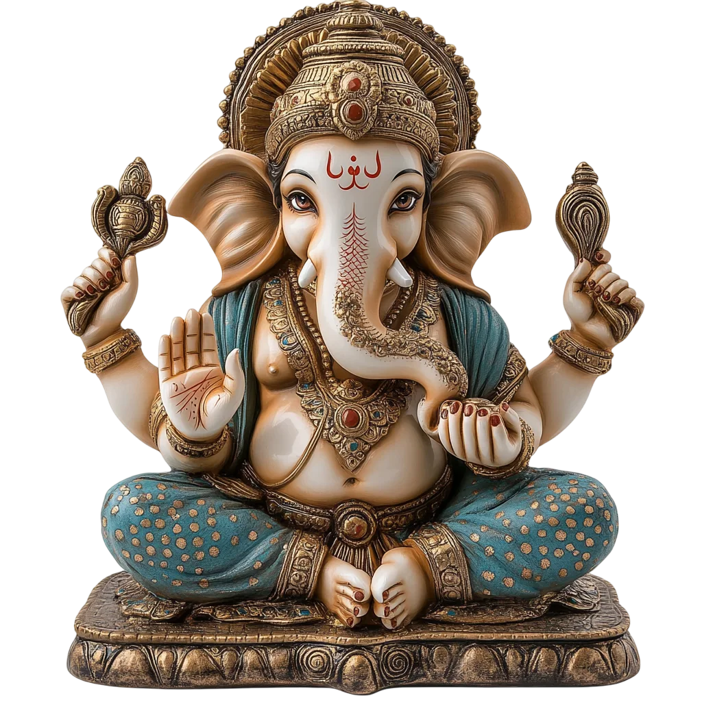 Ornate Seated Ganesha Statue with Teal Garments | Free PNG