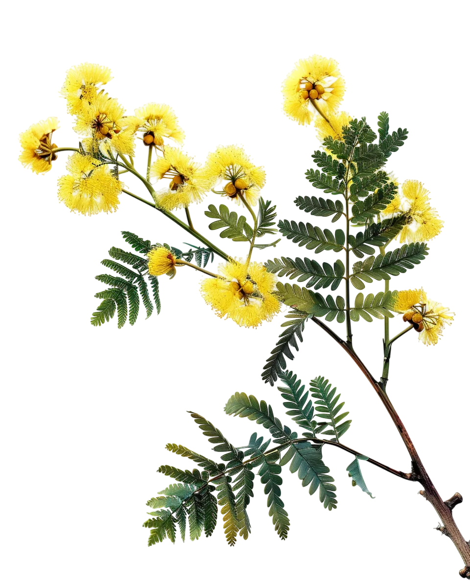 Yellow Pompom Flowering Branch with Feathery Leaves | Free PNG