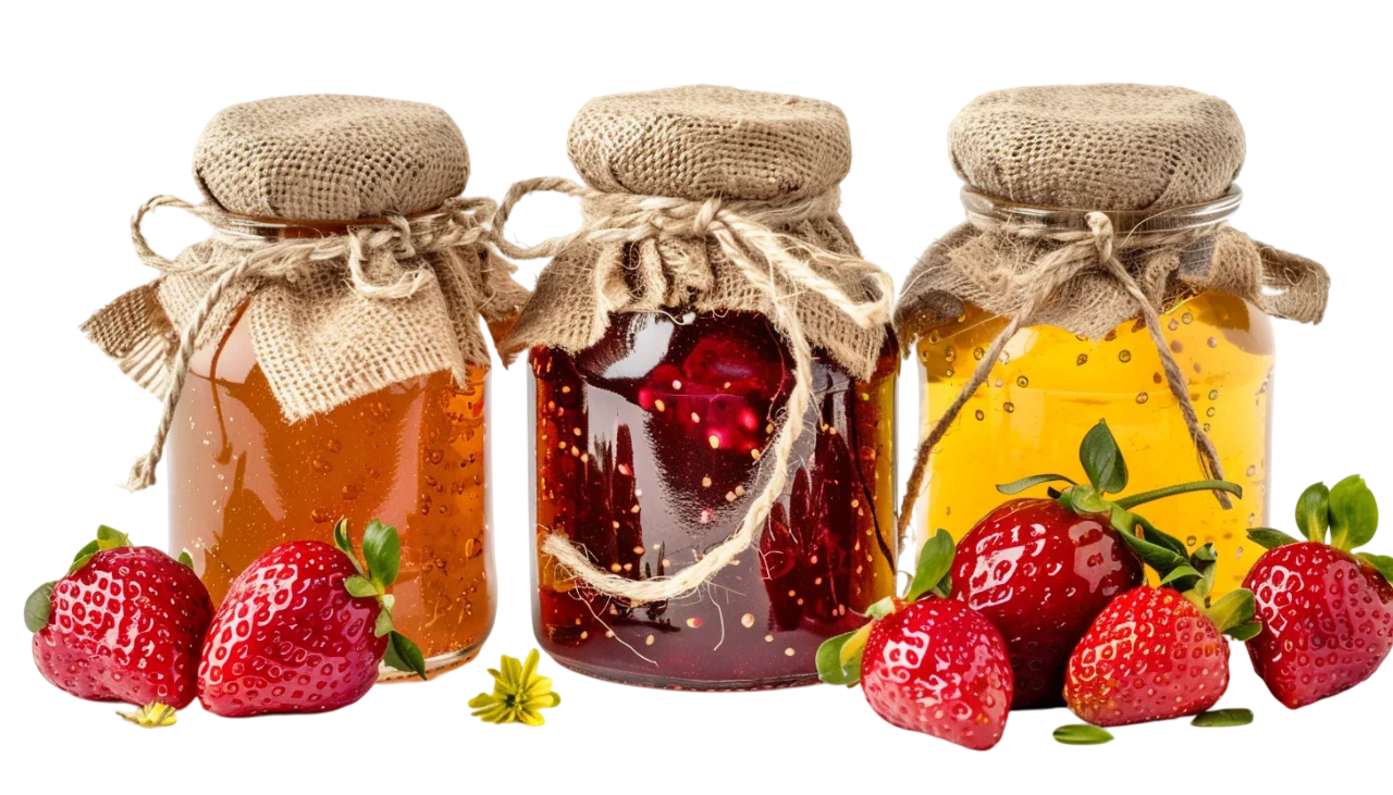 Three Rustic Fruit Preserve Jars with Strawberries | Free PNG