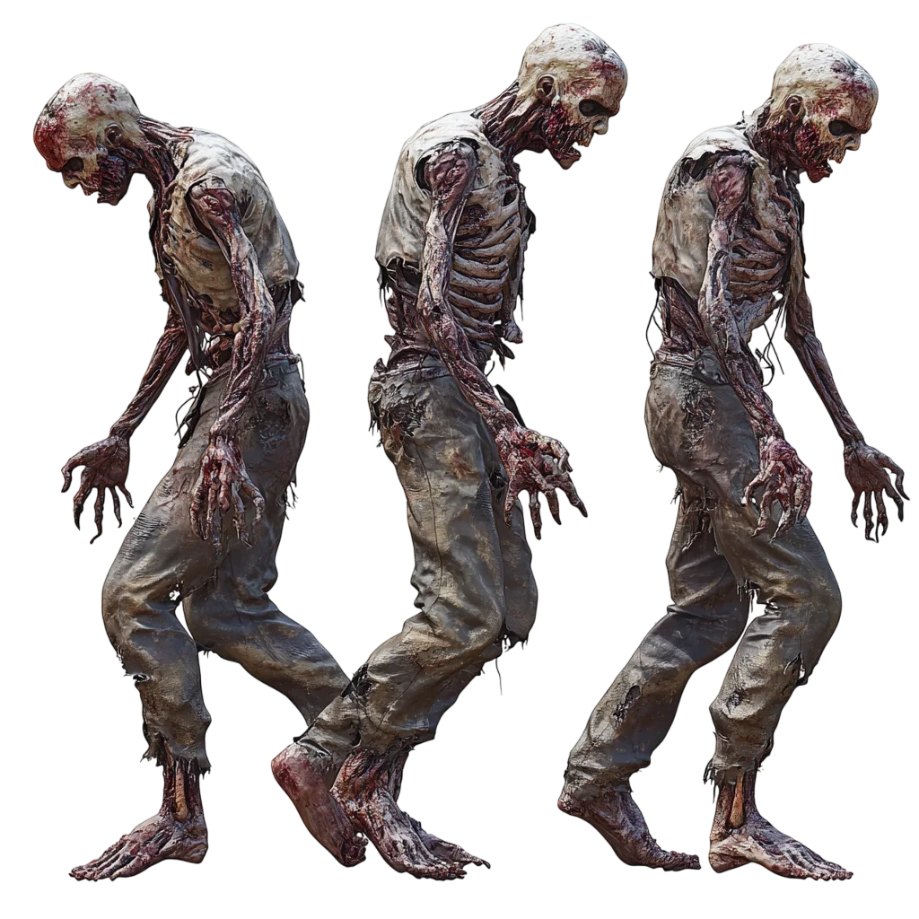 Three-View Decaying Zombie Character Free PNG