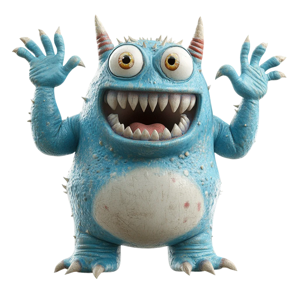 Grinning Blue Horned Monster Character Free PNG