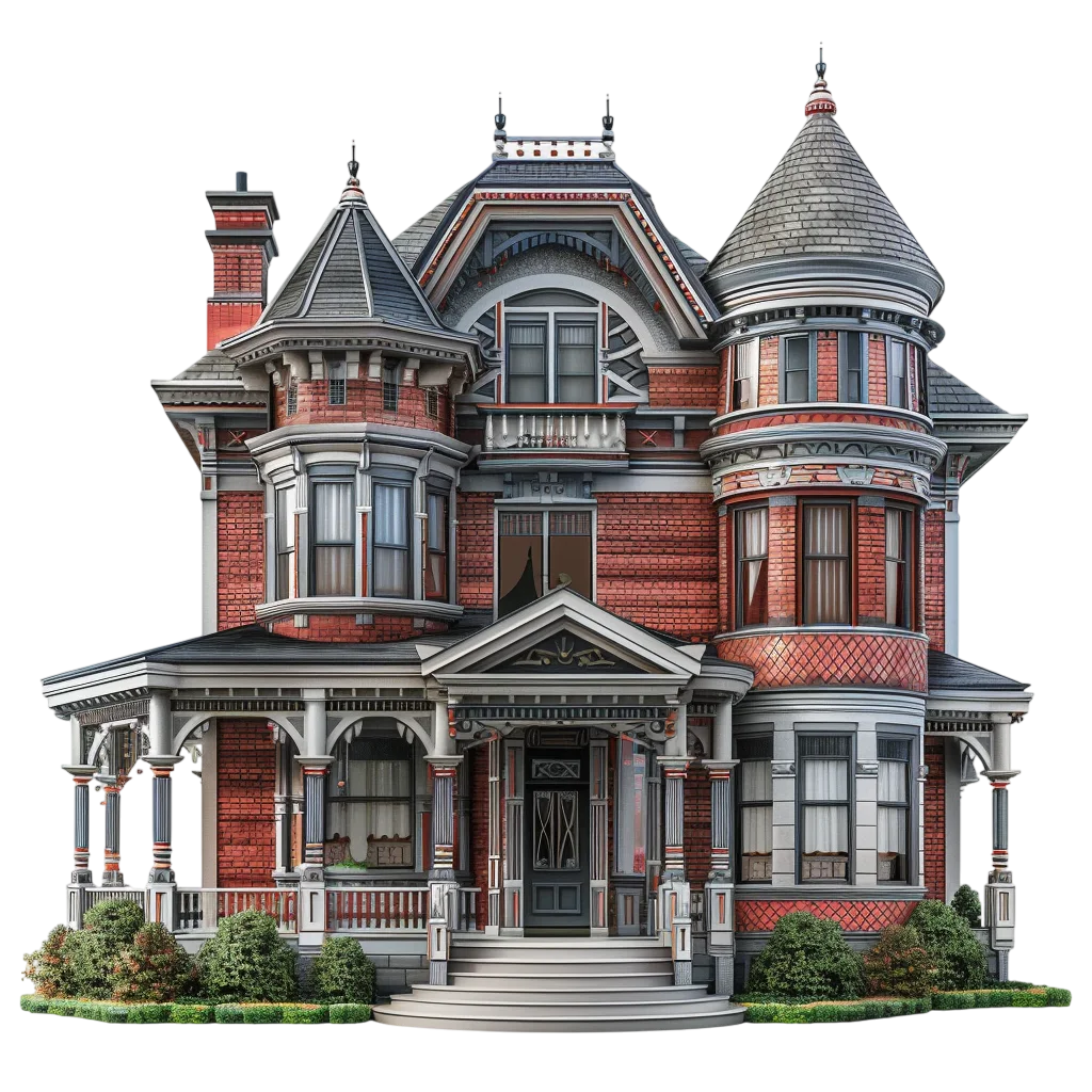 Ornate Victorian Red-Brick Mansion with Turrets - Free PNG