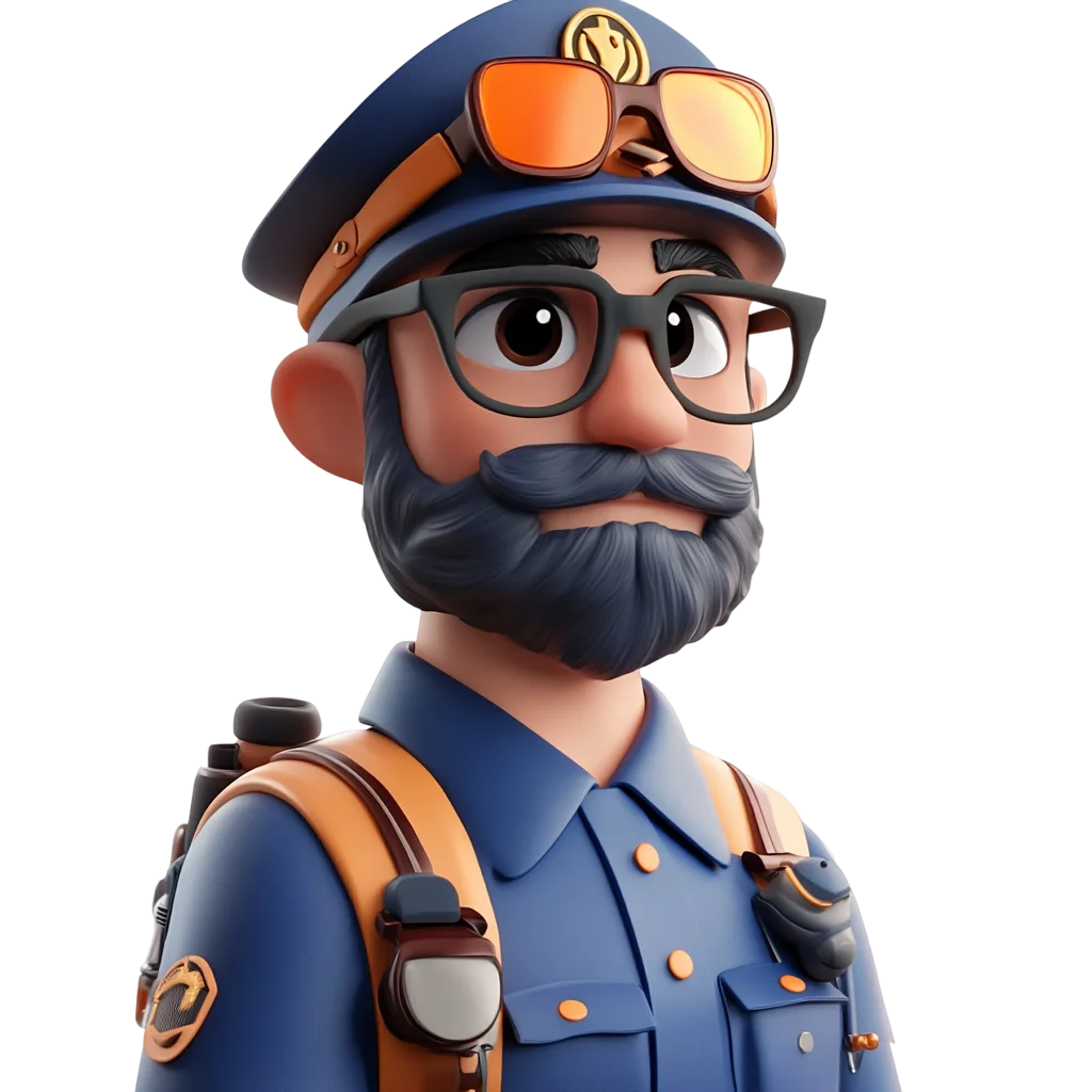 Bearded 3D Adventurer in Blue Uniform with Goggles - Free PNG
