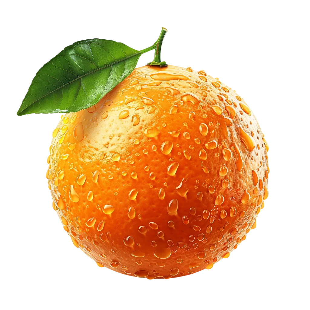 Dewy Orange Fruit with Green Leaf - Free PNG
