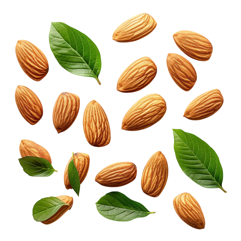 Scattered Almonds and Green Leaves Free PNG