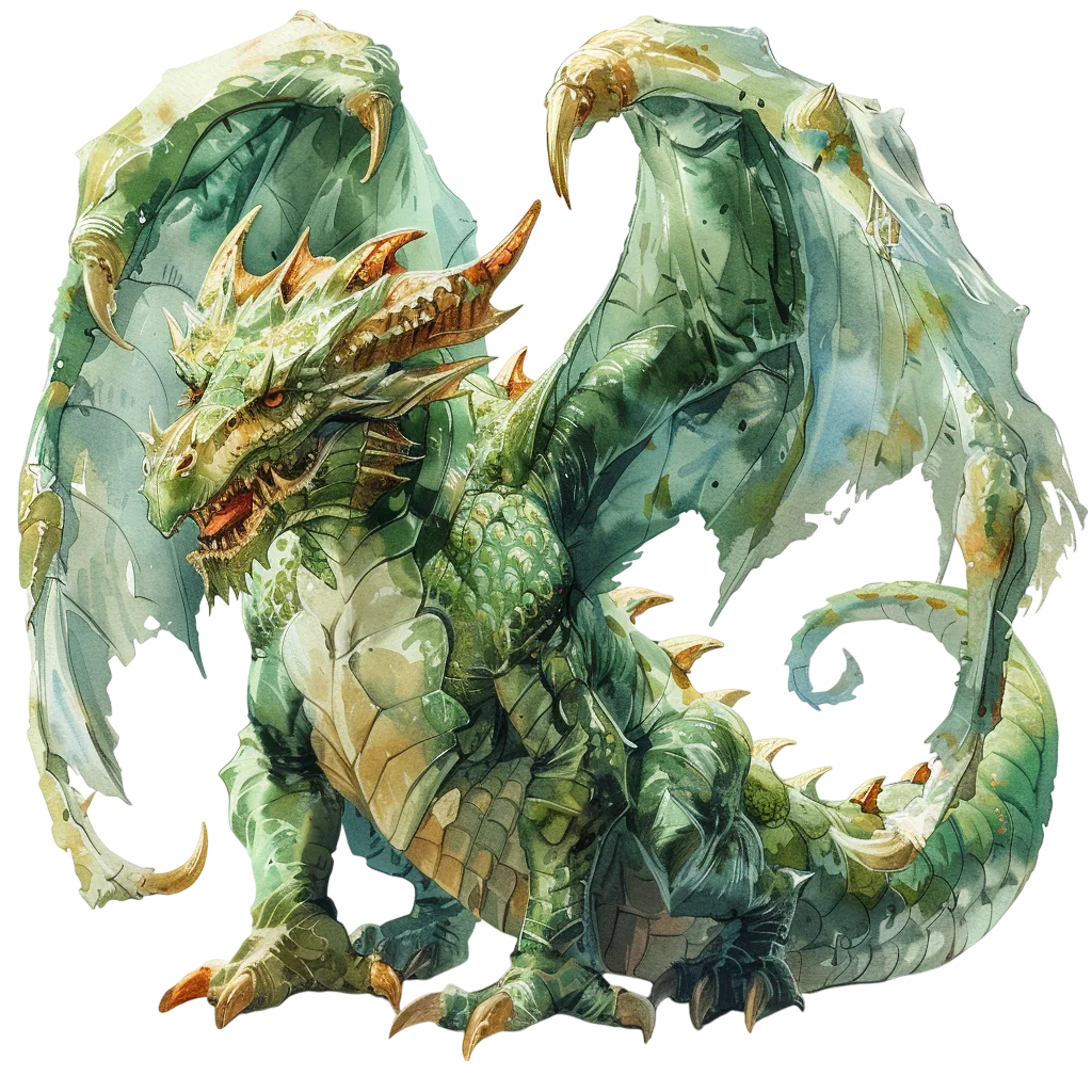 Watercolor Green Dragon with Wings Free PNG