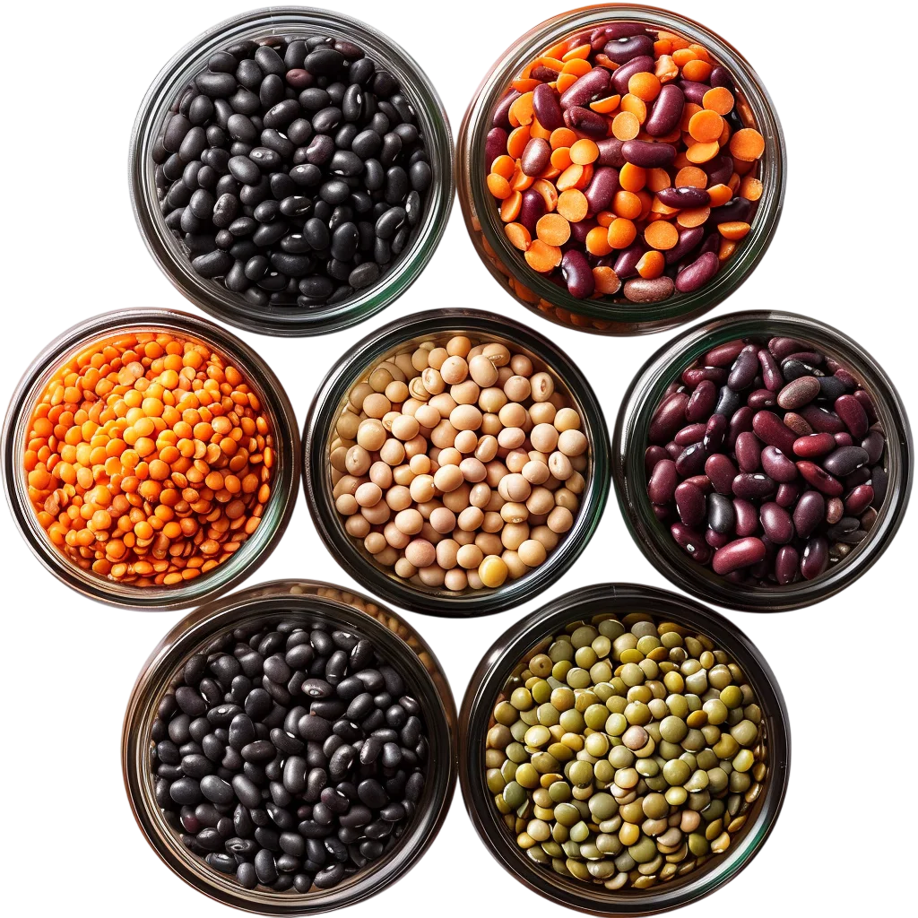 Overhead Assortment of Beans and Lentils in Glass Jars | Free PNG
