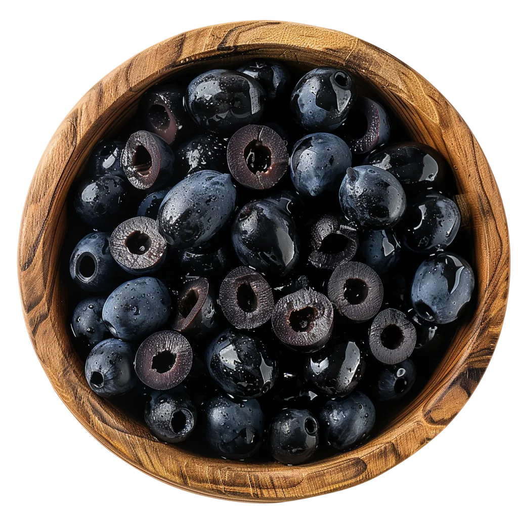 Bowl of Whole and Sliced Black Olives | Free PNG