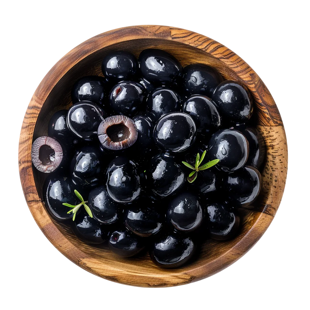 Glossy Black Olives in a Wooden Bowl | Free PNG