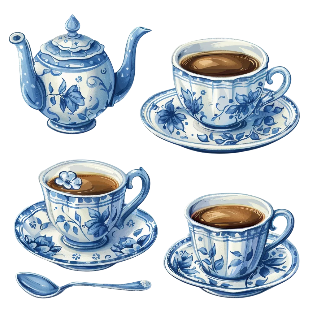 Blue and White Floral Tea Set Free PNG