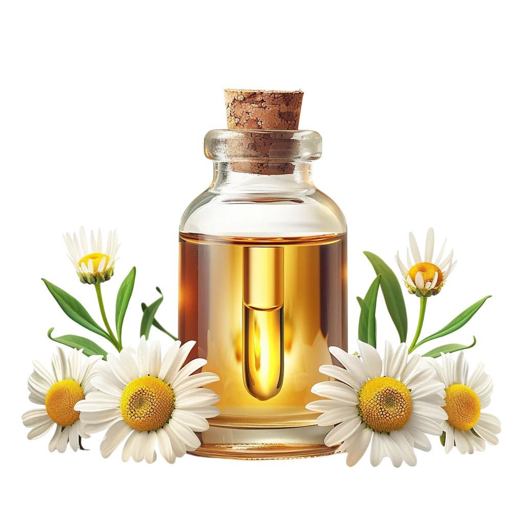 Golden Botanical Oil Bottle with Daisies Free PNG