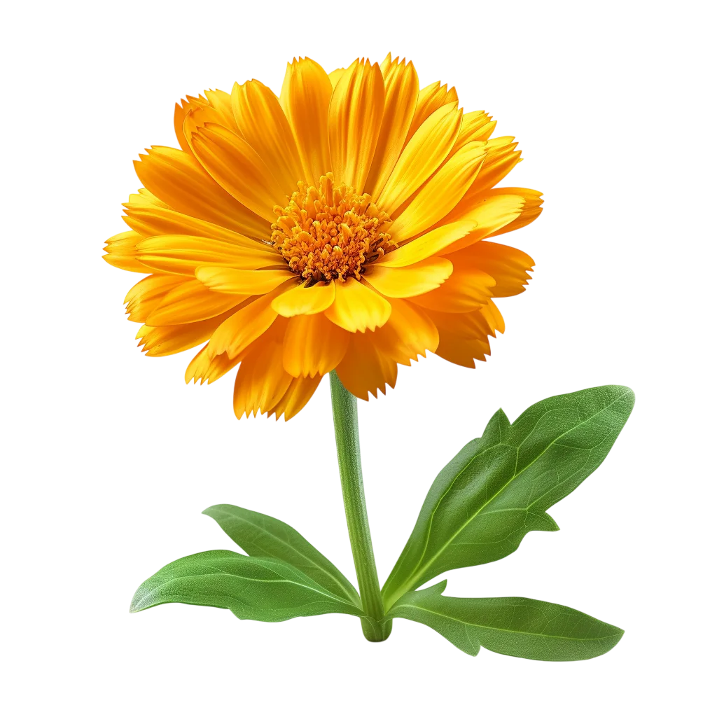 Bright Orange Calendula Flower with Green Leaves | Free PNG