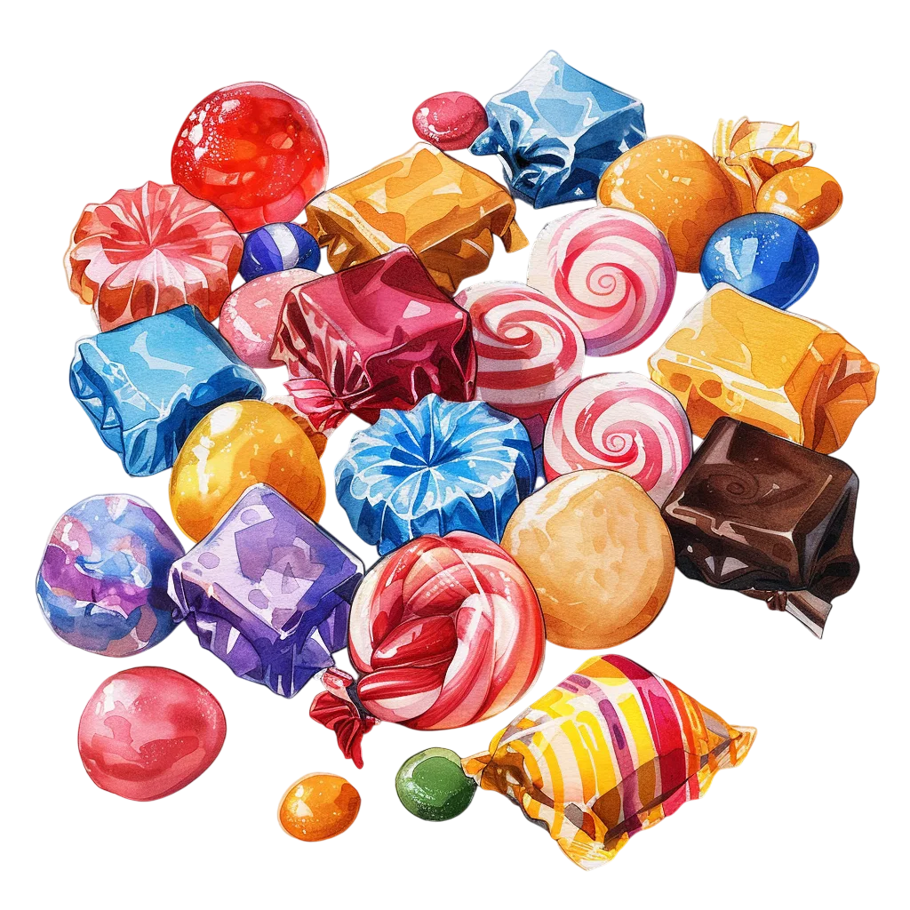 Watercolor Assorted Wrapped Candies and Lollipops Free PNG