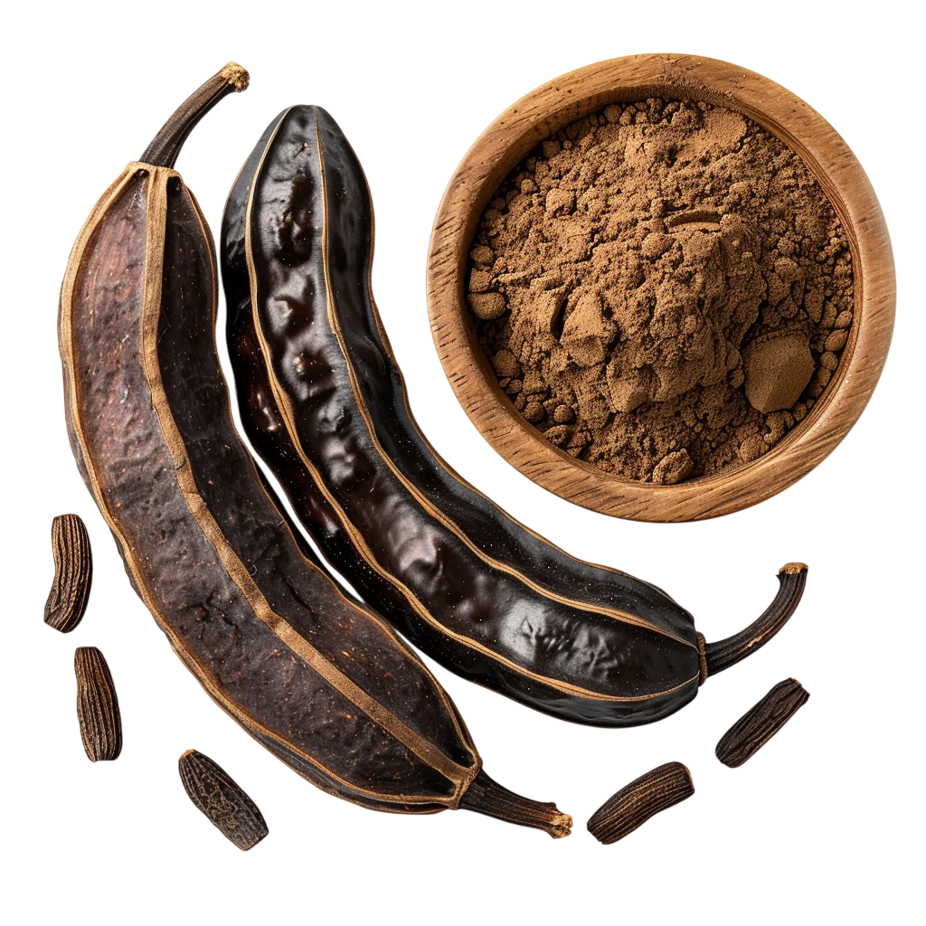 Carob Pods and Powder in a Wooden Bowl | Free PNG