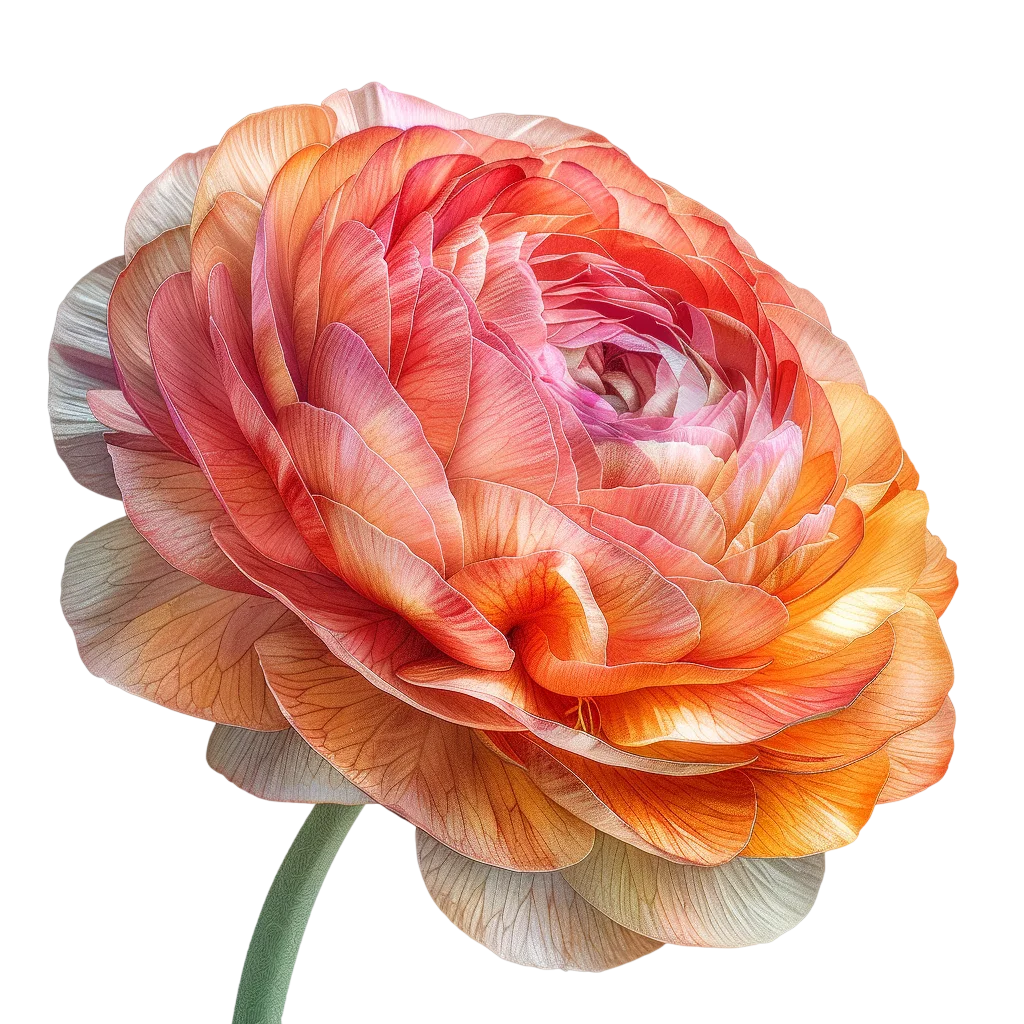Layered Coral and Orange Flower with Green Stem - Free PNG
