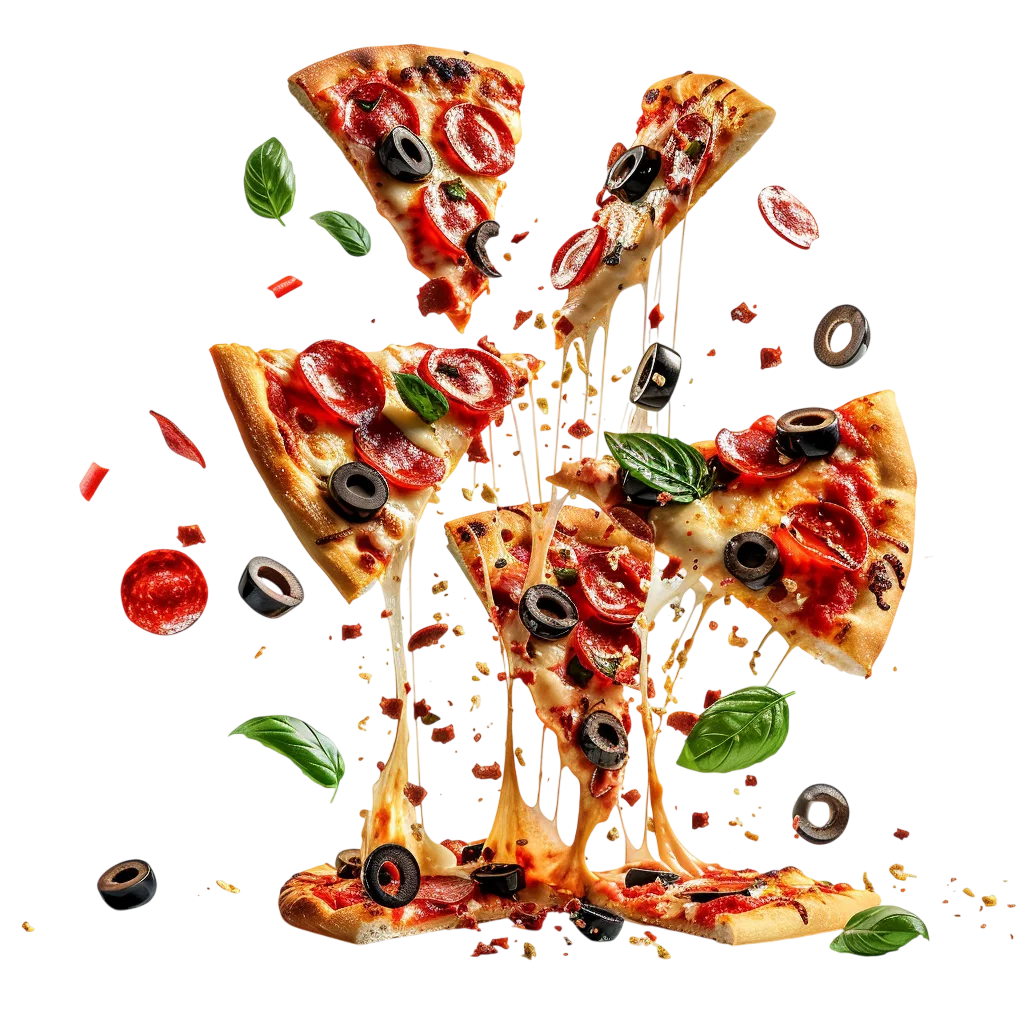 Floating Pepperoni Pizza Slices with Stretchy Cheese - Free PNG