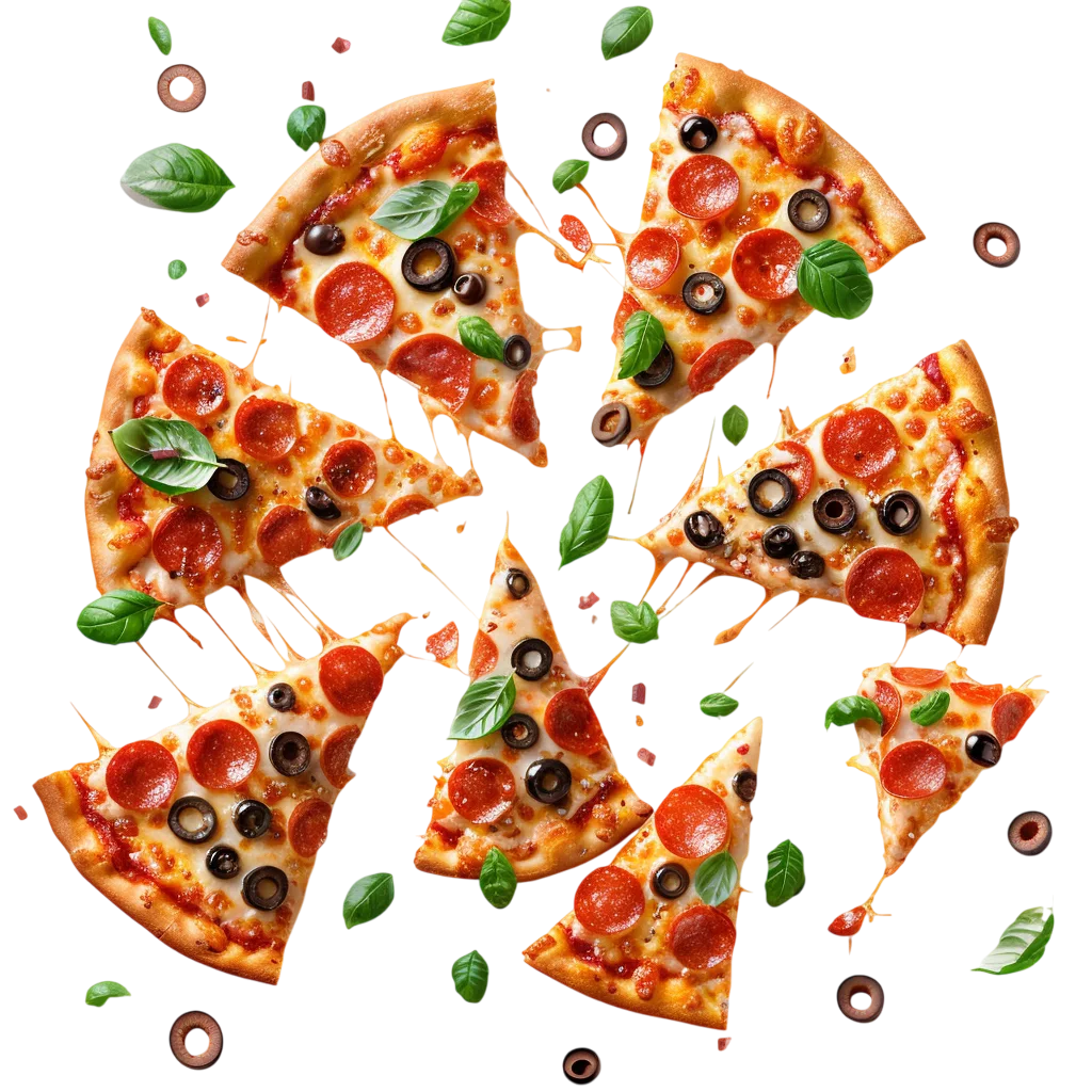 Floating Pepperoni Pizza Slices with Basil and Olives | Free PNG
