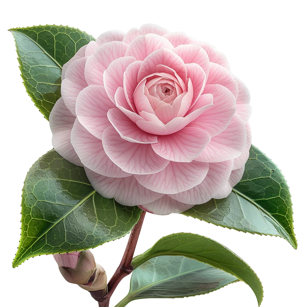 Pink Camellia Blossom with Green Leaves – Free PNG