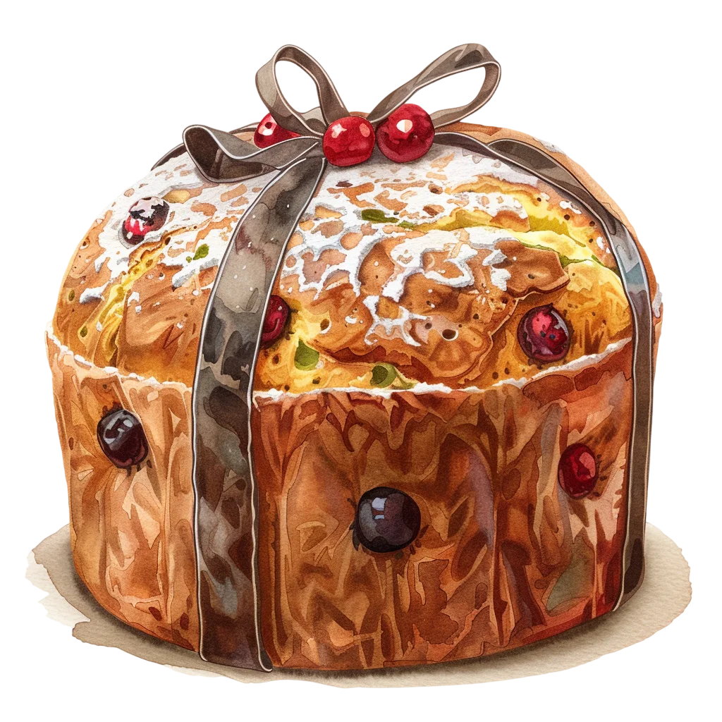 Watercolor Panettone with Cherry Ribbon Bow | Free PNG