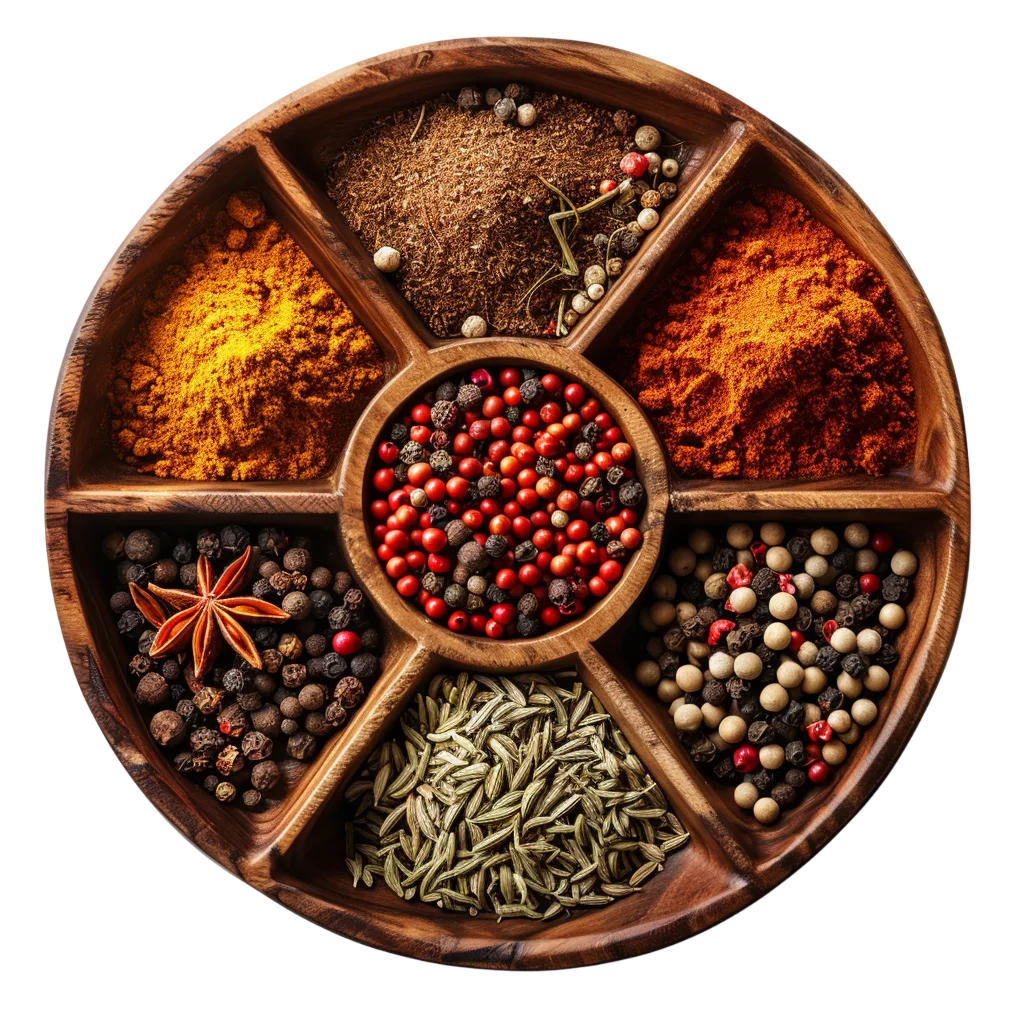 Round Wooden Tray Filled with Colorful Spices | Free PNG