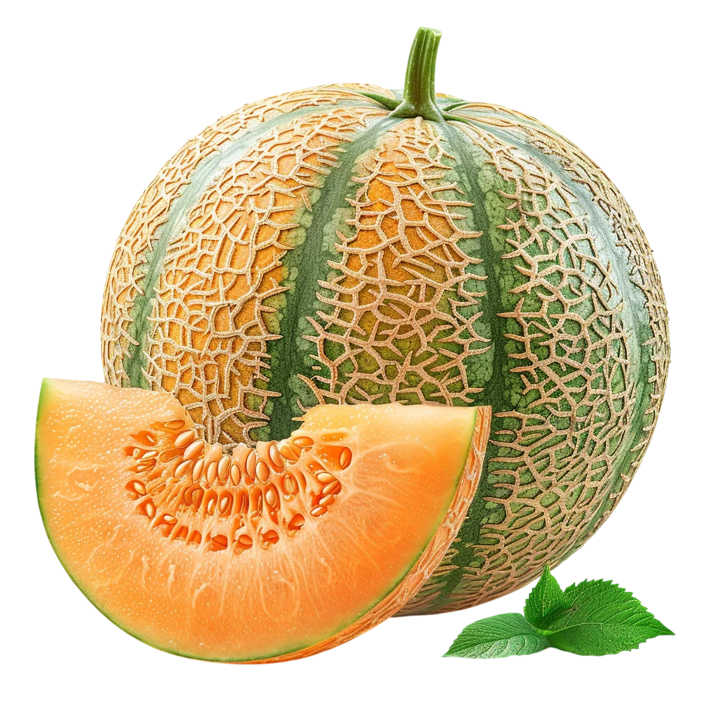Ripe Cantaloupe Melon with Fresh Slice and Leaves | Free PNG
