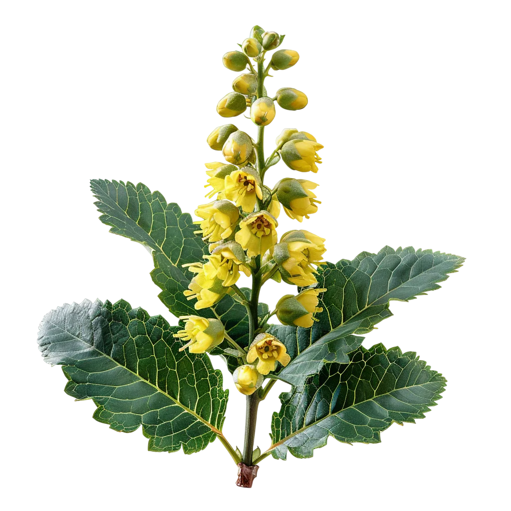Yellow Mahonia Flowering Branch with Veined Leaves | Free PNG