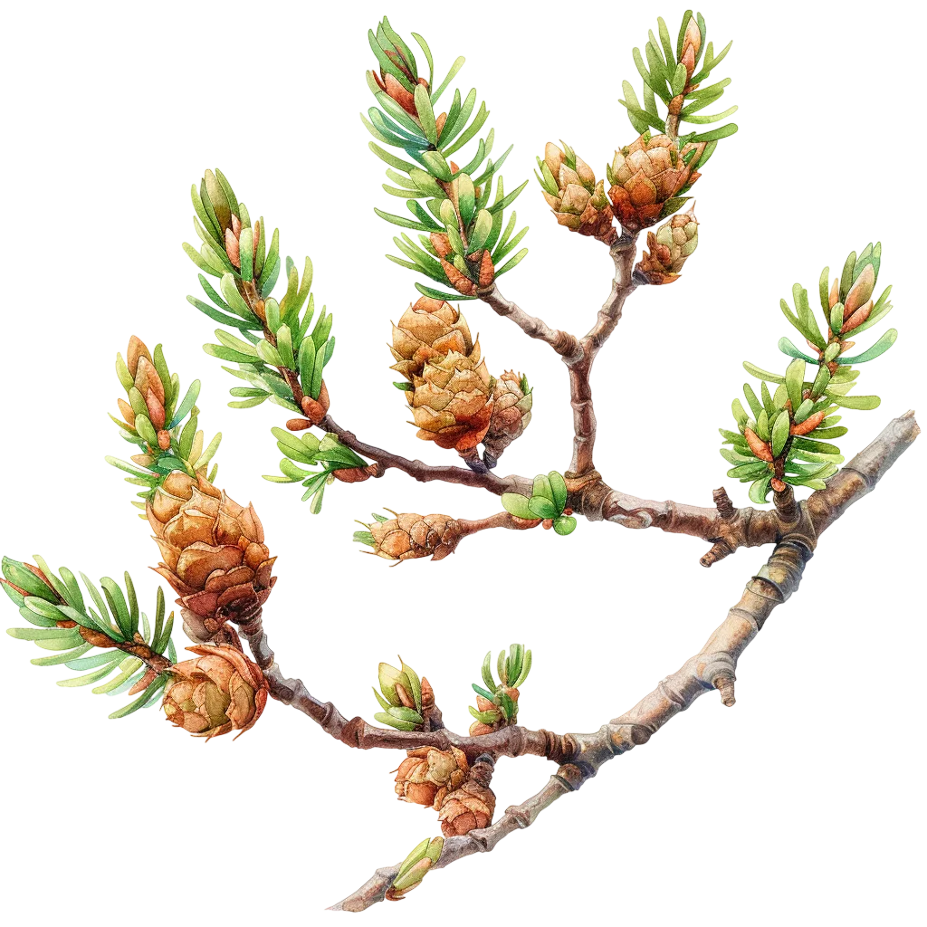 Watercolor Evergreen Branch with Green Foliage and Woody Cones Free PNG