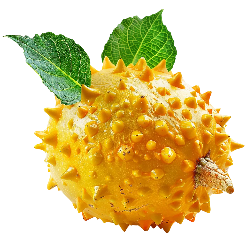Yellow Kiwano Horned Melon with Green Leaves – Free PNG