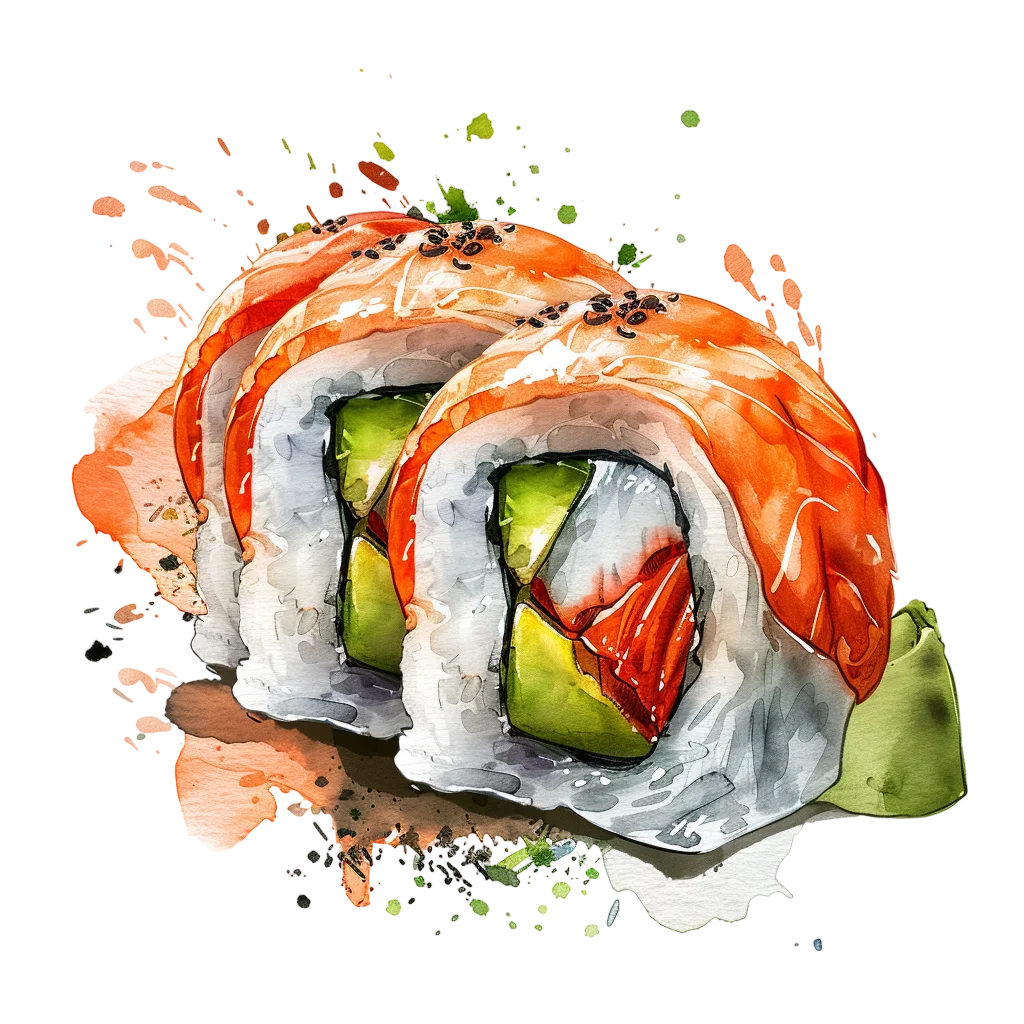 Salmon Avocado Sushi Rolls Watercolor – Free PNG