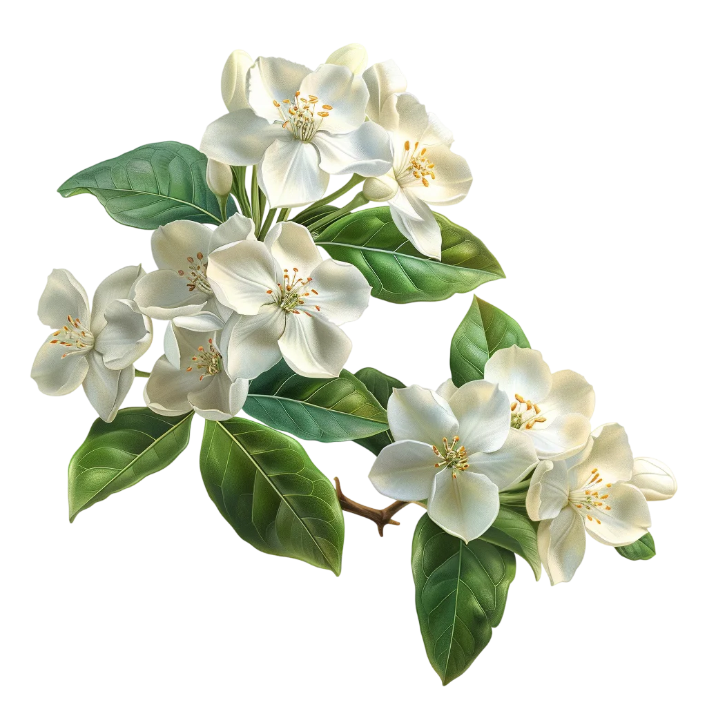 White Blossoms and Green Leaves Botanical Branch Free PNG