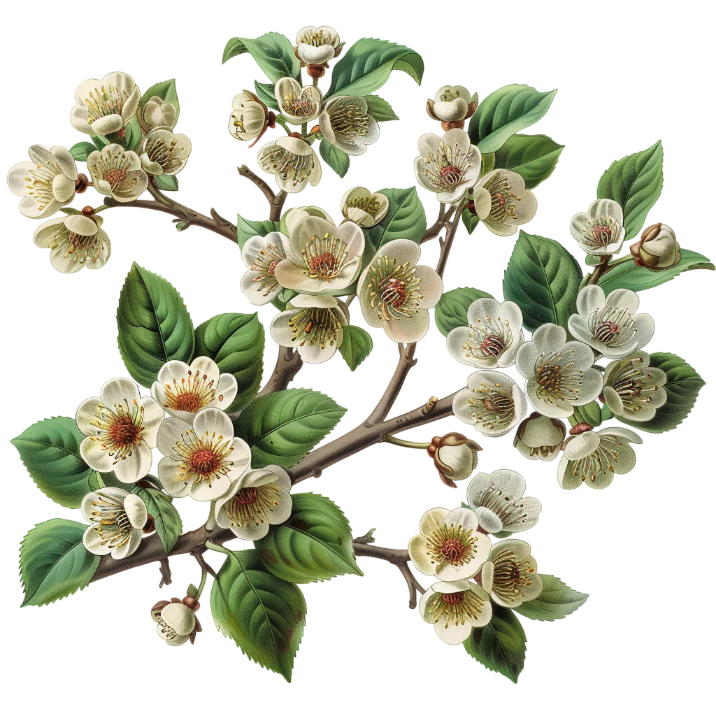 Vintage Botanical Branch with White Blossoms and Green Leaves | Free PNG