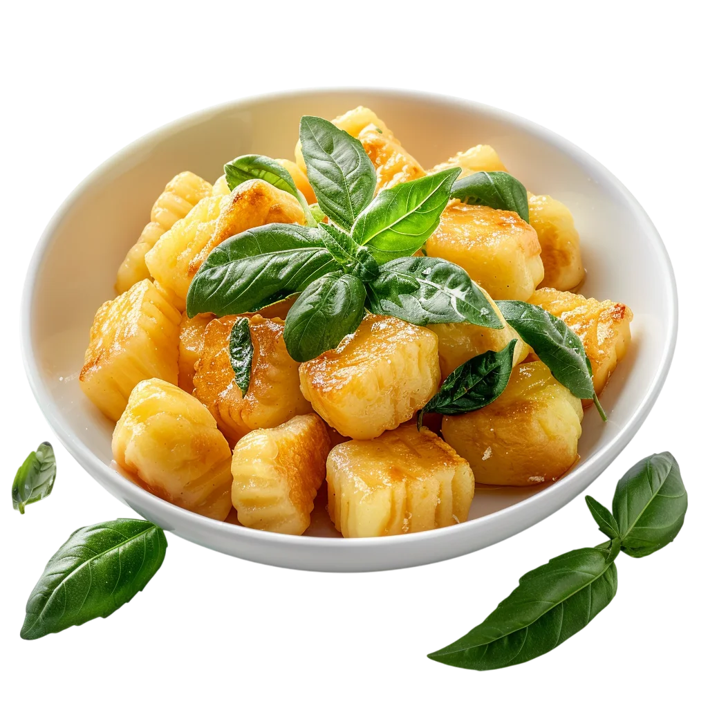 Golden Gnocchi with Fresh Basil in a White Bowl Free PNG