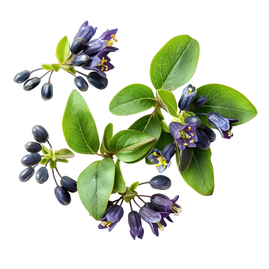 Purple Flowers and Dark Berries on a Leafy Branch Free PNG