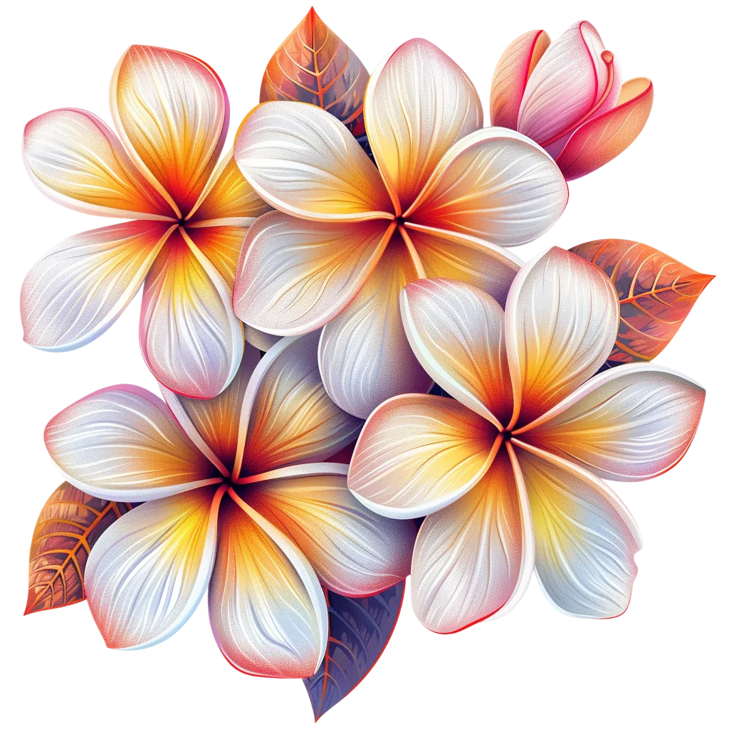 White Plumeria Flower Cluster with Colorful Leaves Free PNG