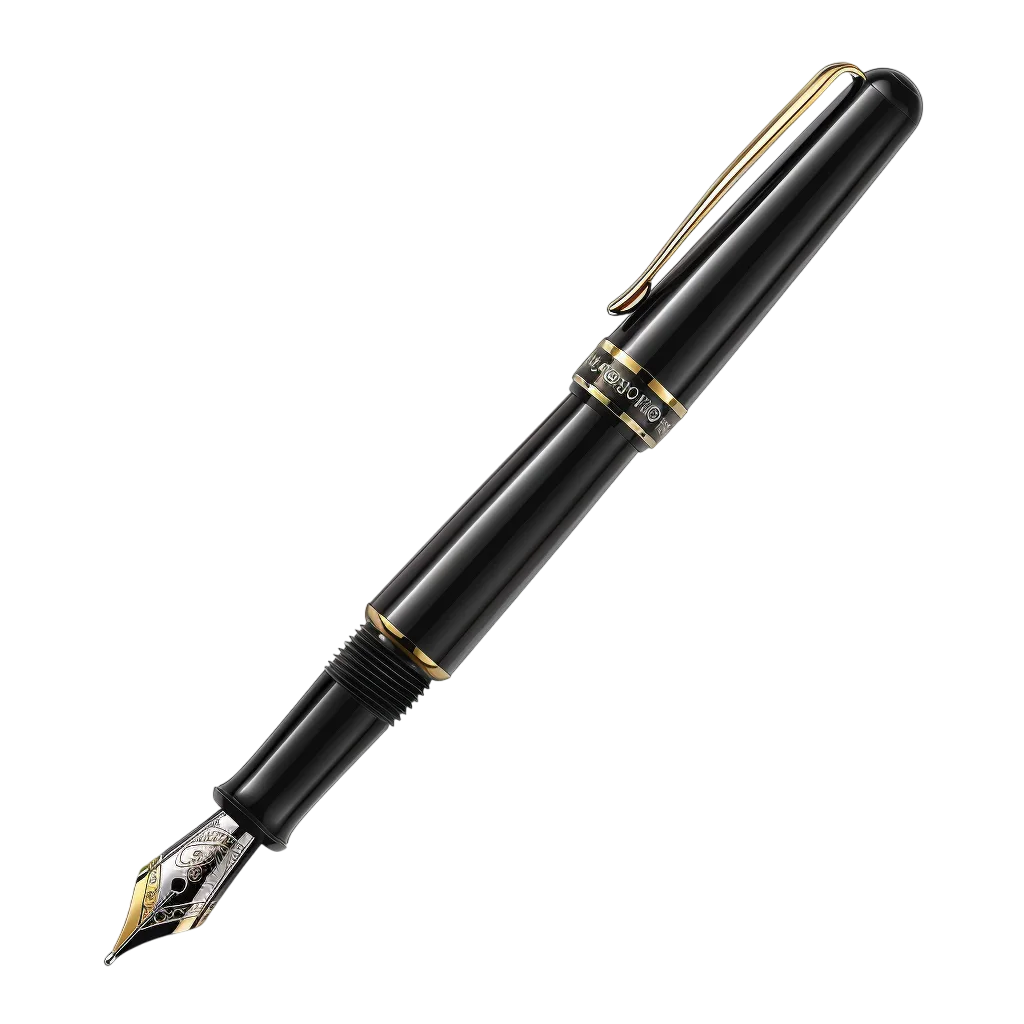 Glossy Black and Gold Fountain Pen with Ornate Nib Free PNG