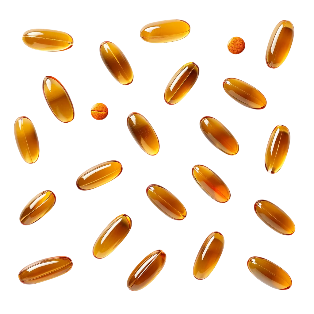 Scattered Amber Softgel Capsules and Orange Spheres | Free PNG