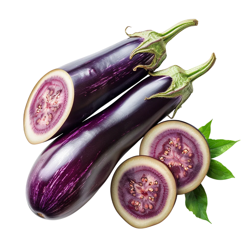 Purple Eggplants with Sliced Cross-Sections and Leaves | Free PNG
