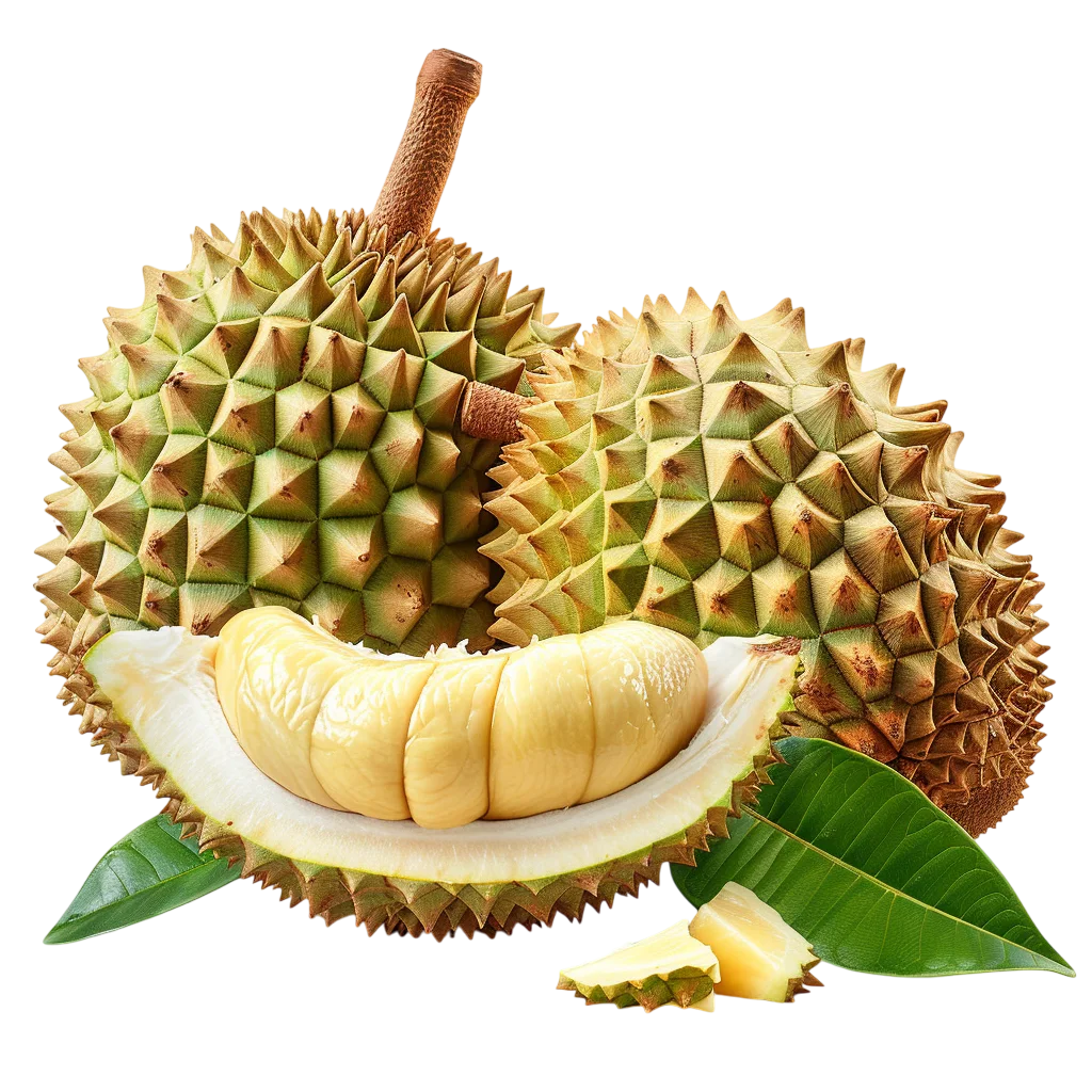 Spiky Durian Fruit with Golden Flesh and Leaves Free PNG