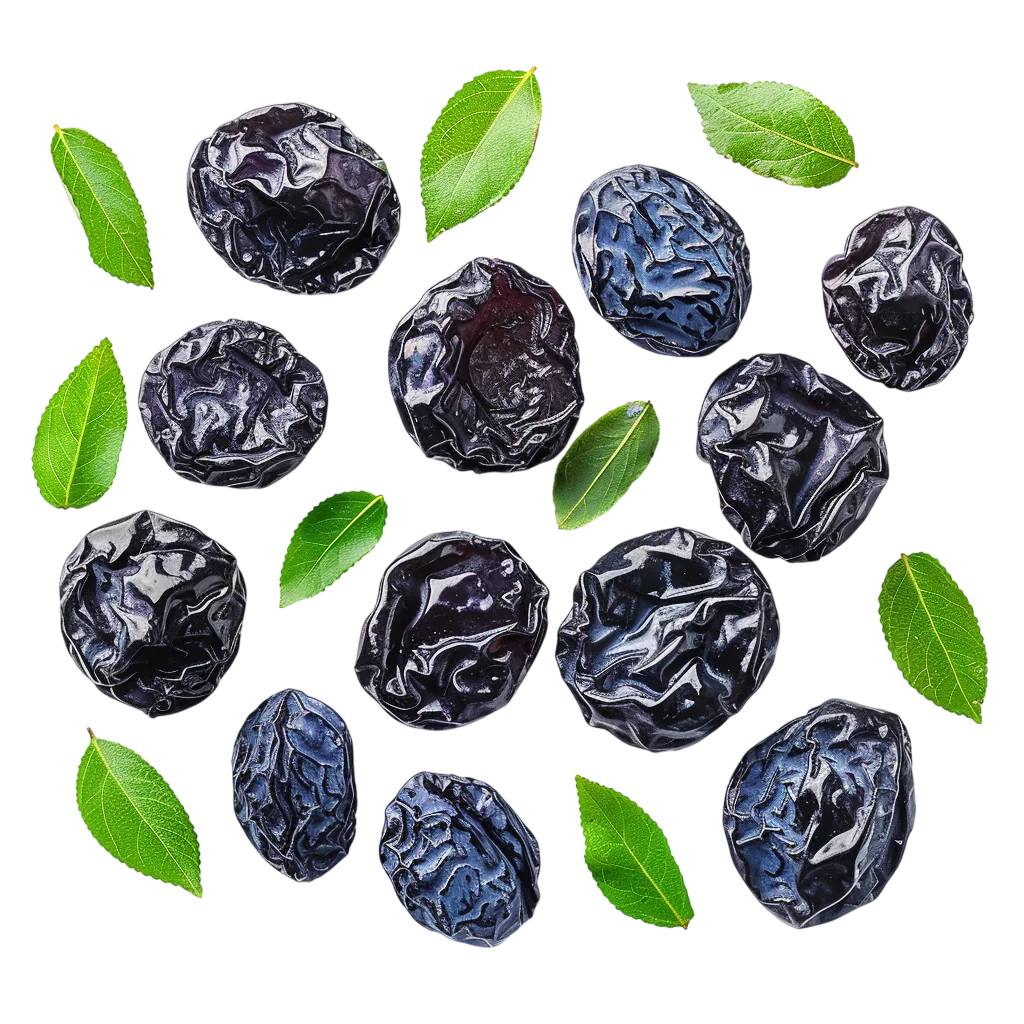 Wrinkled Dried Plums with Green Leaves Free PNG