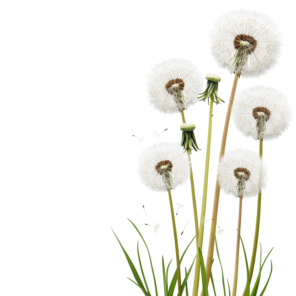 White Dandelion Seed Heads on Green Stems Free PNG