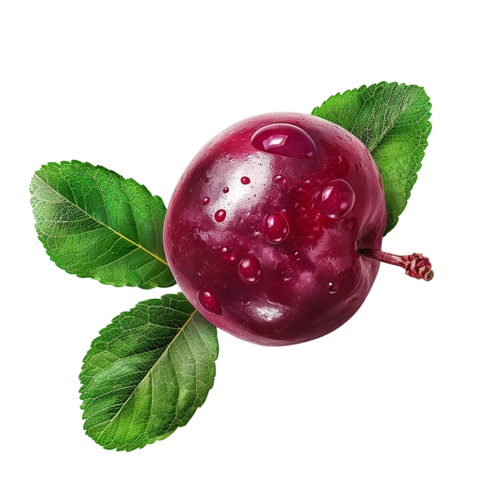 Glossy Purple Plum with Green Leaves | Free PNG