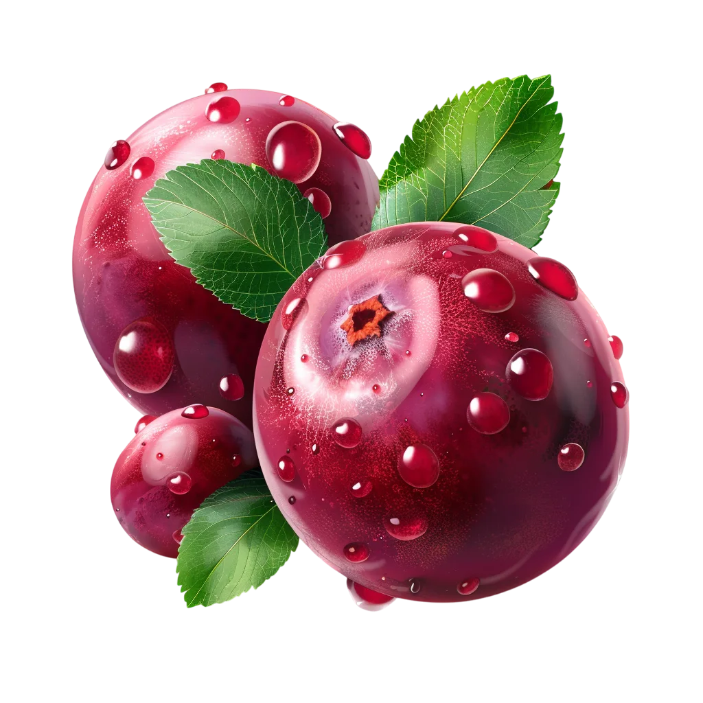 Glossy Red Plums with Green Leaves - Free PNG