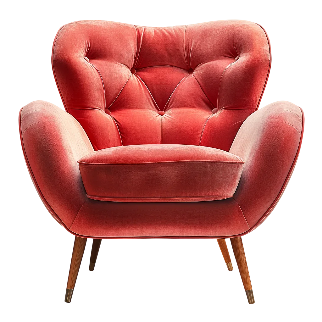 Red Tufted Armchair with Wooden Legs Free PNG