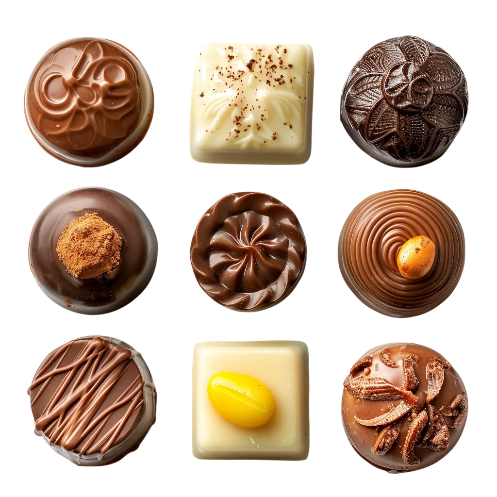 Nine Decorated Chocolate Pralines on a Dark Background | Free PNG