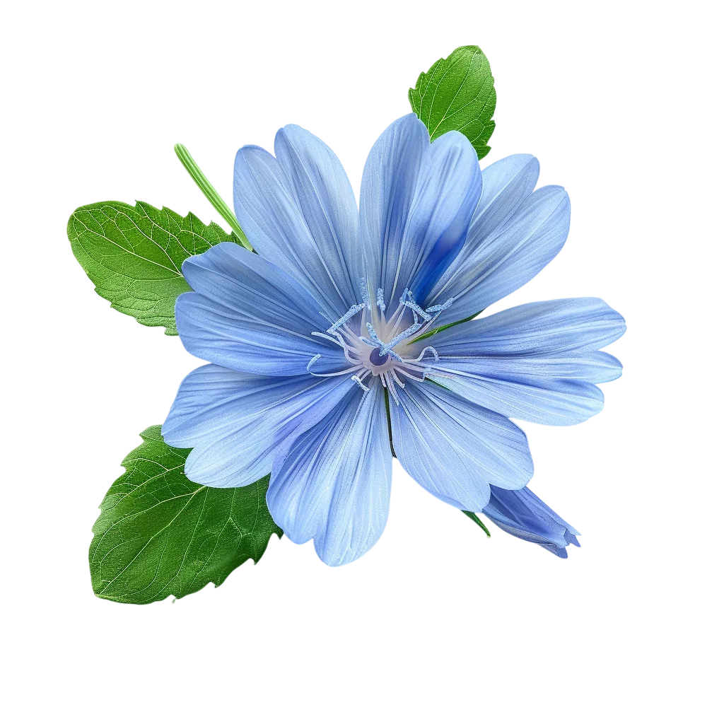 Blue Daisy-Like Flower with Green Leaves Free PNG
