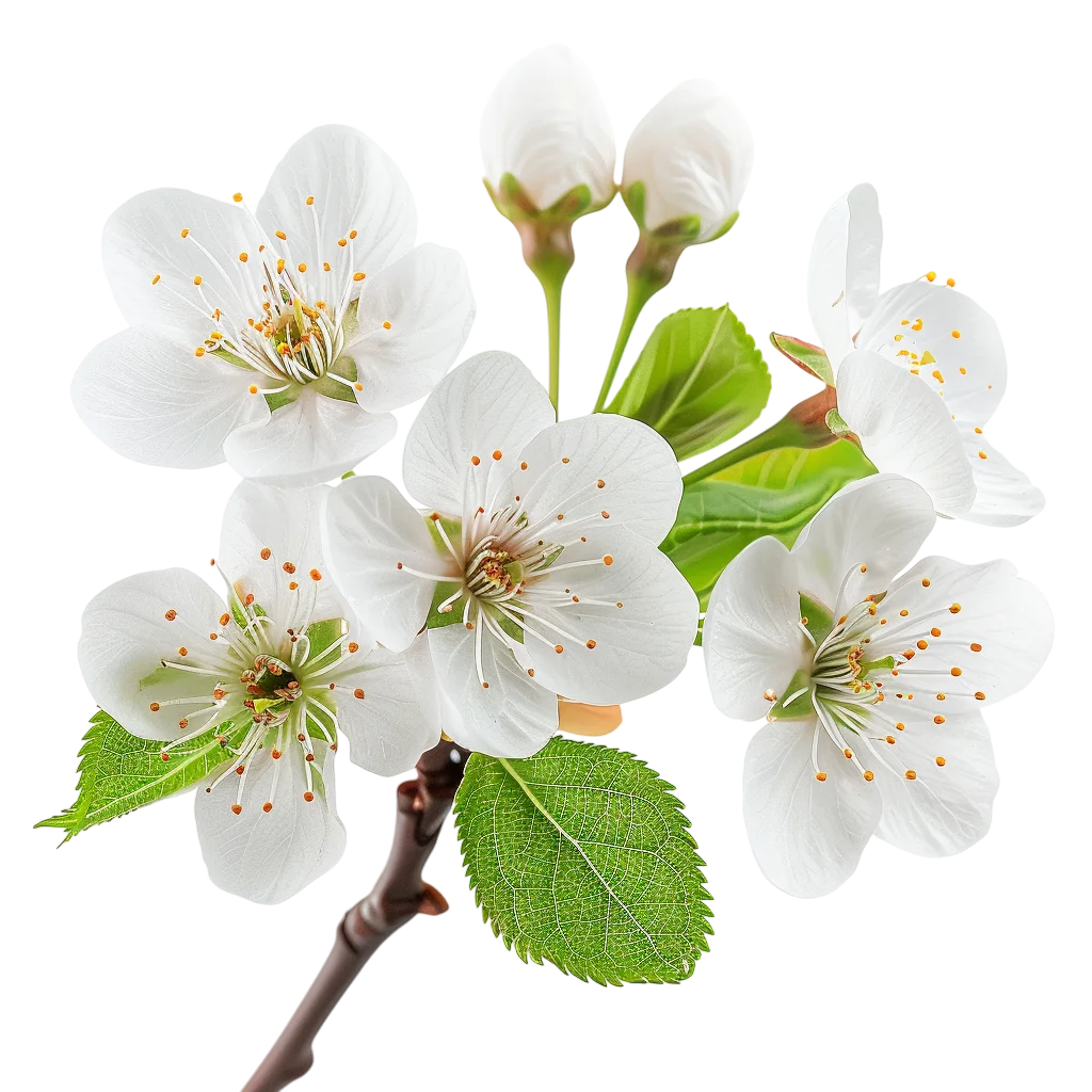 White Flowering Branch with Buds and Green Leaves - Free PNG