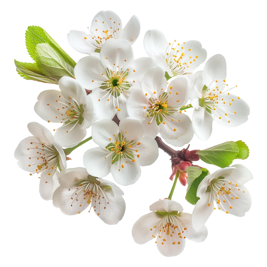 White Cherry Blossom Branch with Green Leaves Free PNG