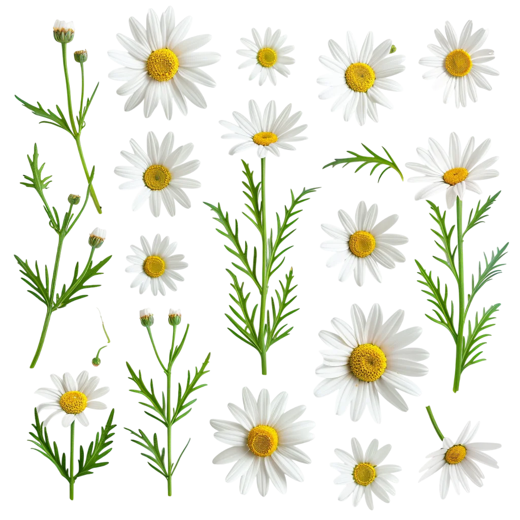 White Daisies, Stems, and Buds Collection – Free PNG