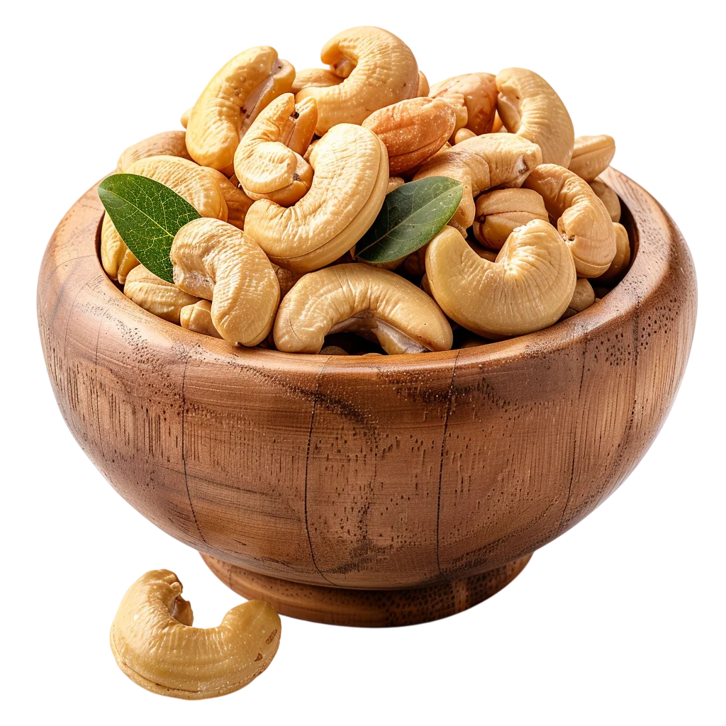 Wooden Bowl of Cashews with Green Leaves Free PNG